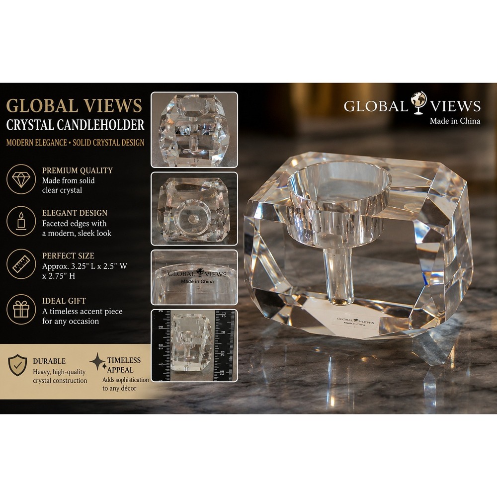 Global Views Faceted Block Crystal Taper Candle Holder Clear Geometric Glass